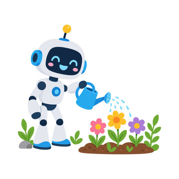 Robot watering flowers in garden cartoon illustration