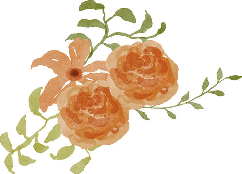 Watercolor floral arrangement with orange roses and green leaves isolated on white background delicate botanical illustration