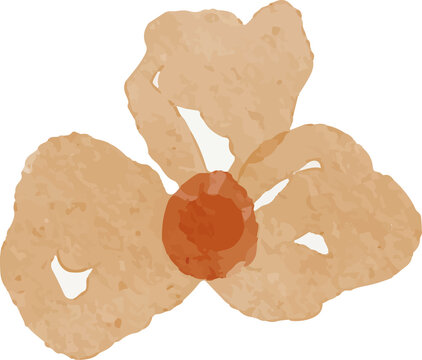 Abstract watercolor illustration of a stylized flower with three petals and a central red circle isolated on white.