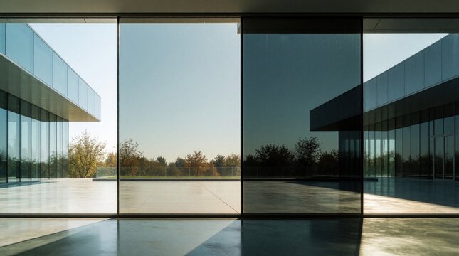 Modern architecture building features smart glass window panels. Electrochromic technology shows tinting transition from clear to dark shade. High tech windows control sunlight glare, heat reduction