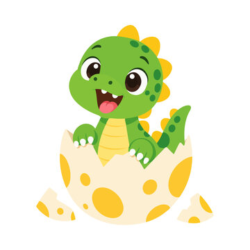 Cute baby dinosaur hatching from egg cartoon illustration