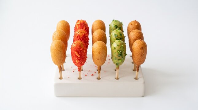 Assortment of Mini Corn Dogs: A neat arrangement of various mini corn dogs, some plain, some coated with vibrant toppings like chili flakes and green seasoning, standing upright in a display stand.