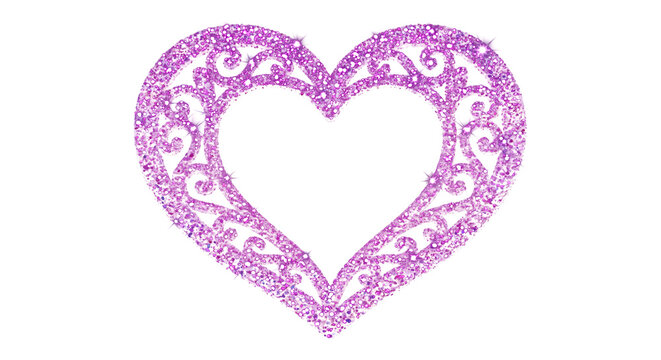Ornate purple glitter heart shape with intricate scrollwork during festive celebration isolated on transparent background