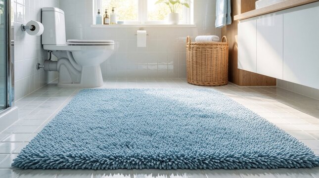 Bright modern bathroom interior with white tiles, blue shaggy rug on floor. Clean washroom features white toilet, vanity cabinet, wicker basket, window with natural light. Minimalist home decor