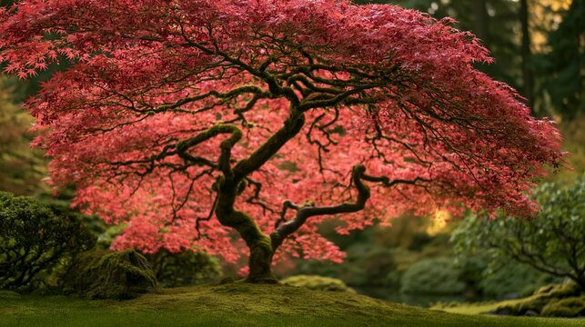a Japanese maple tree in full bloom. The trees vibrant red leaves contrast with the lush green foliage, creating a striking visual effect.