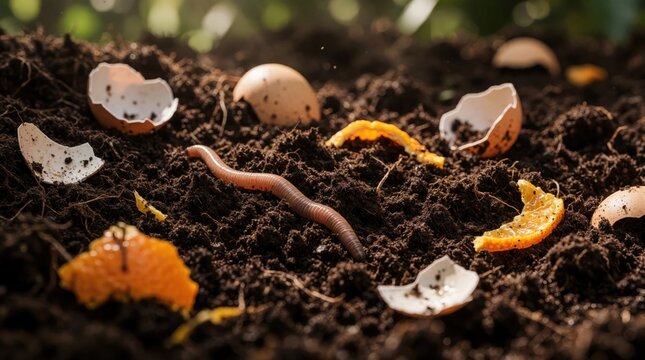 Macro view of organic compost soil with earthworms, food scraps. Eggshells, orange peels mix with dark humus for natural fertilizer. Vermiculture process turns kitchen waste into rich nutrient dirt