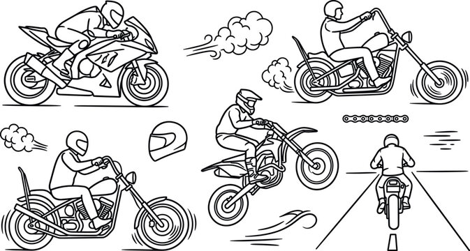 Motorcycle vector illustration set with sportbike chopper dirt bike rider helmet road smoke trail outline coloring page