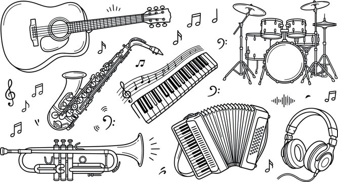 Musical instruments vector doodle illustration set featuring guitar saxophone trumpet keyboard piano drum kit accordion headphones and notes
