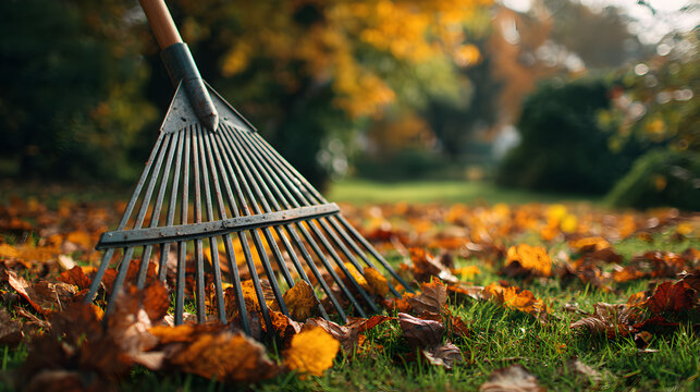Metal leaf rake cleaning dry orange leaves in a sunny backyard garden
