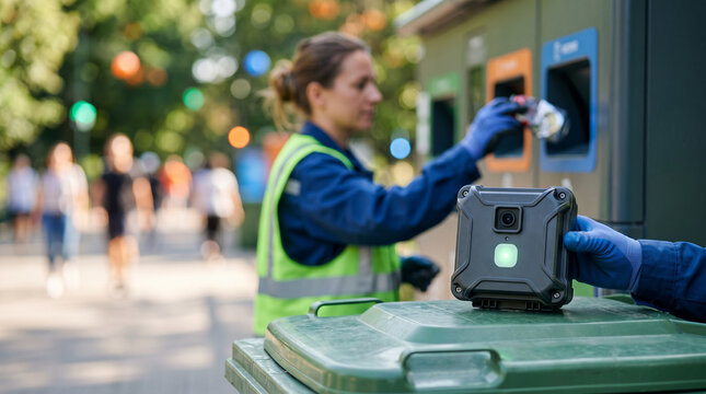 Sanitation worker in high visibility vest disposing of waste in a public recycling bin outdoors