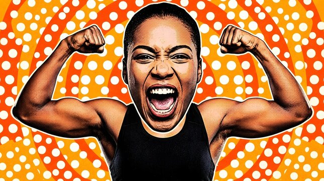Powerful young woman flexing muscles and screaming with energy on a vibrant pop art background