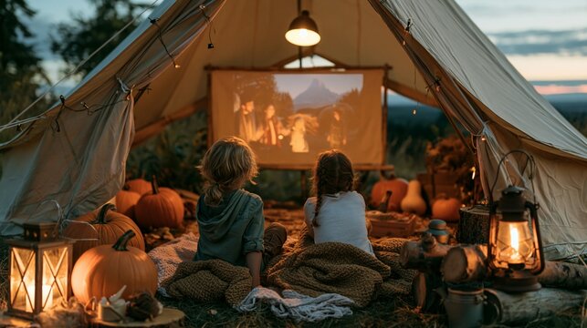 a large canvas tent, watching a movie projected onto a screen. The tent is surrounded by pumpkins, lanterns, and a cozy blanket. The children are dressed in casual clothing.