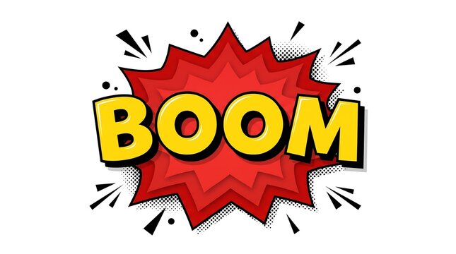 A vibrant comic book style speech bubble displays the word boom in bold yellow letters.