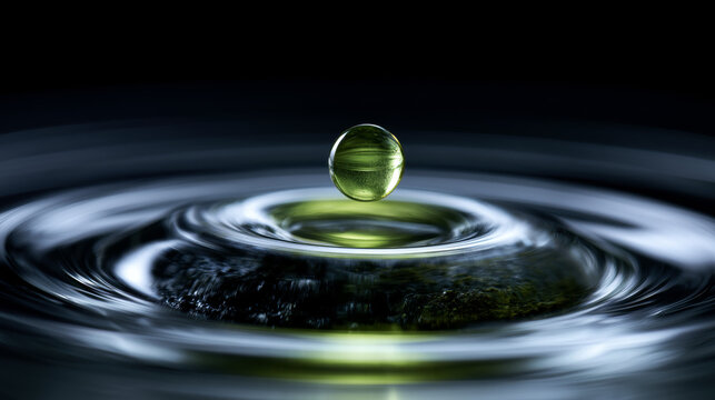 Close up of a green water droplet falling into water surface creating ripples