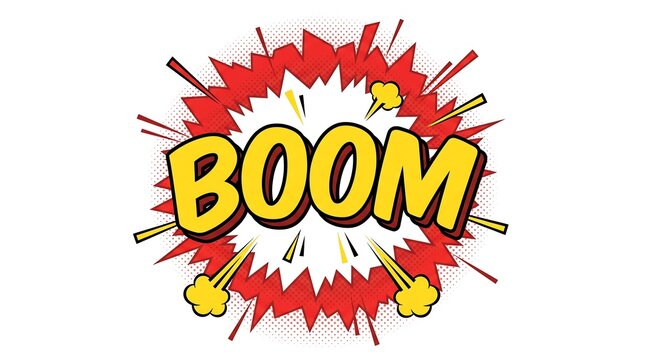 A vibrant comic book style speech bubble displays the word boom in bold yellow letters.