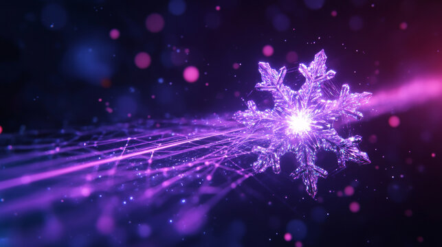 Purple futuristic snowflake crystals and dreamy glowing particle background