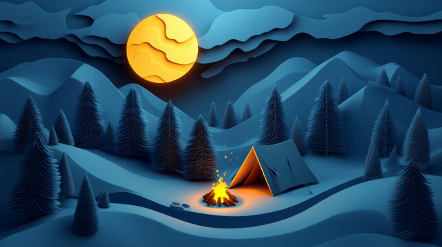 Serene paper art style camping scene under a deep blue full moon night