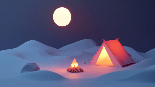 Cozy winter camping with a glowing campfire under the starry night snowscape