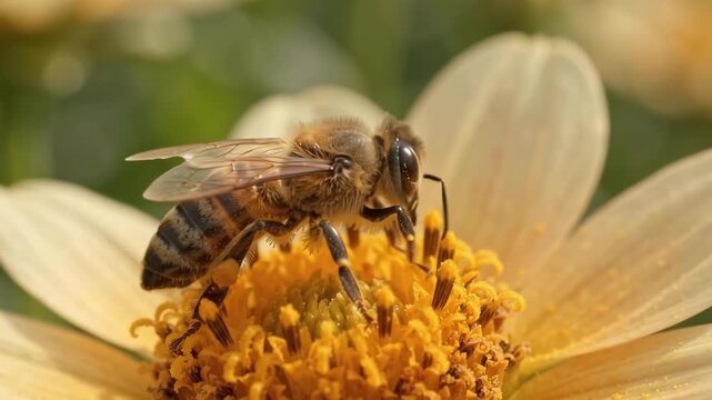 Macro Close-up of a Honeybee Gathering Pollen on a Pale Yellow Flower in Nature
