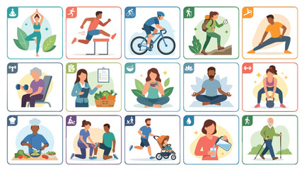 Fototapeta premium Comprehensive wellness routine symbols and diverse physical activities flat vector illustration for health coaching and fitness platforms
