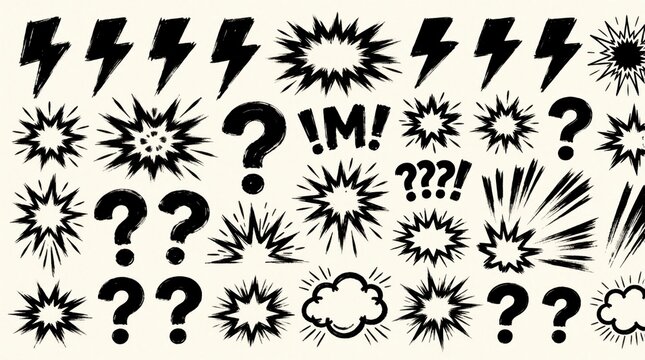 Comic style black ink drawings of action elements like lightning bolts explosions and question marks. Dynamic graphic design shapes for impact. Handdrawn effects set.