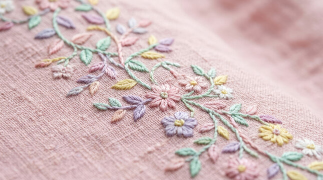 Floral vine embroidery with colorful blossoms on pink textured fabric for elegant clothing embellishment and interior decor.