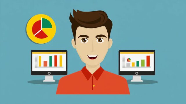 Businessman Surrounded by Financial Charts Representing Data Analysis, Business Intelligence, Strategy and Performance Management