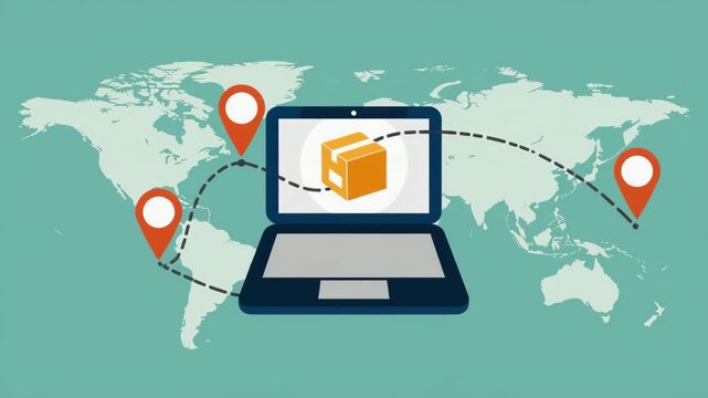 Laptop with Package and Global Route Map Representing International Ecommerce, Online Shopping, Shipping and Digital Commerce