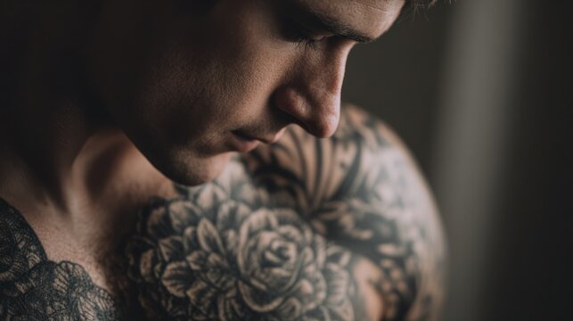 Man with botanical chest and arm tattoos.
