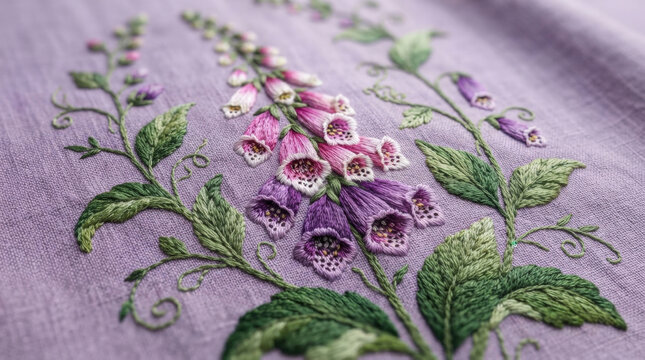 Intricate digital foxglove embroidery pattern on light lilac linen fabric perfect for unique textile design and hobby projects.