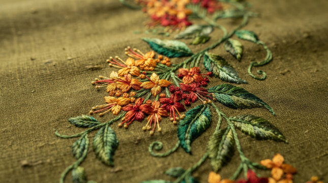 Intricate needlepoint embroidery showing vibrant orange and red blossoms with lush green leaves on rustic olive green fabric base.