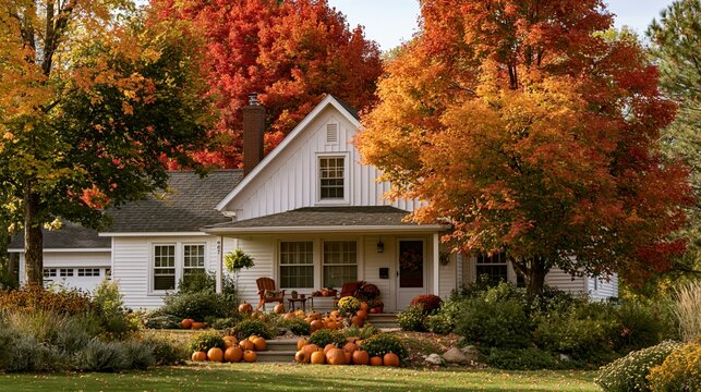 a serene autumnal scene depicts a white house with a gabled roof nestled among trees displaying vibrant fall foliage. The house has a white exterior with dark shingles and a chimney.