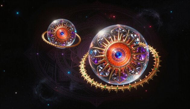 Mystical Cosmic Orbs with Intricate Gemstone Structures in Space