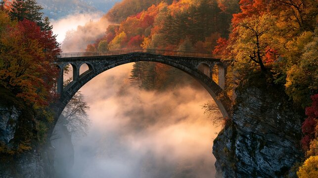 a stone bridge spanning a gorge, bathed in the warm hues of autumn. The bridges arches and pillars are intricately designed, and the bridge is supported by a metal railing.
