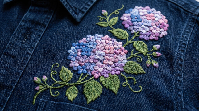 Multi colored hydrangea embroidery on dark navy blue denim shirt showcasing realistic petal texture for unique fashion design.