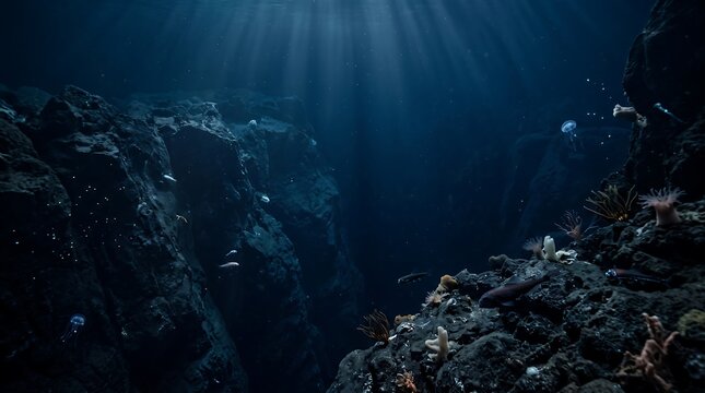 Deep ocean floor with underwater rocky canyon and corals.