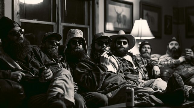 a group of men seated in a dimly lit room. They wear casual clothing, including hats, sunglasses, and jackets. The men are engaged in various activities one man smokes a cigar, another holds a drink.