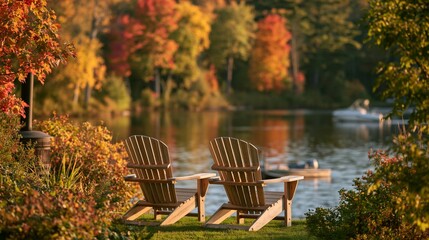 Fototapeta premium a serene lakeside scene. Two wooden Adirondack chairs, facing each other, are positioned on a lush green lawn.