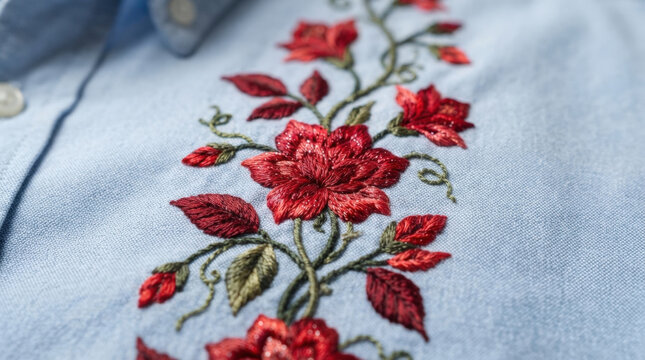 Red rose embroidery floral vine design on light blue textured shirt fabric for fashion apparel surface decoration detail art.