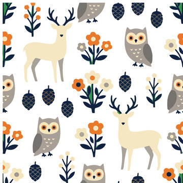 Woodland animals and flowers seamless pattern