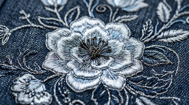 Silver thread floral embroidery intricate rose pattern stitched on dark blue denim fabric elegant metallic texture design craft.