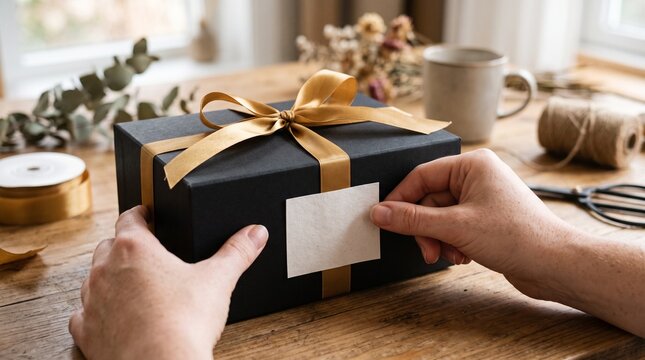 Person placing a blank gift tag on a black gift box