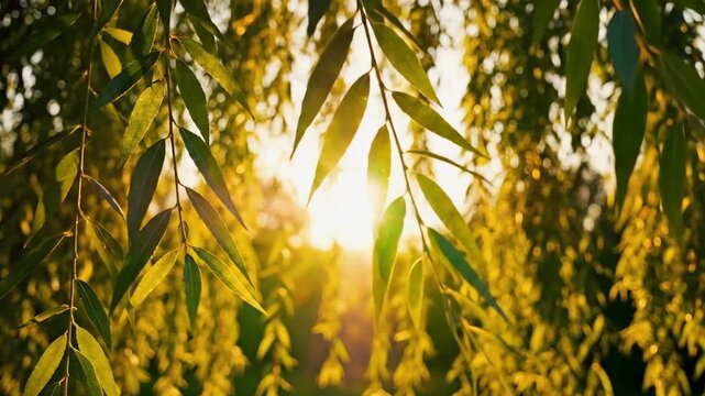Close up of green willow tree leaves glowing in golden evening sunlight during a peaceful sunset in nature