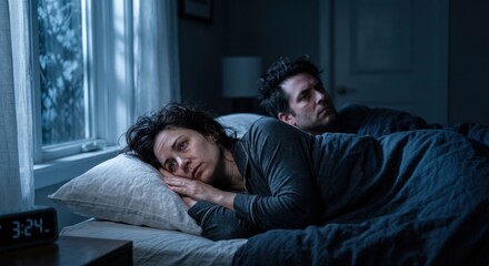 Fototapeta premium Worried sleepless couple lying awake in bed at night with a digital clock showing 3 AM