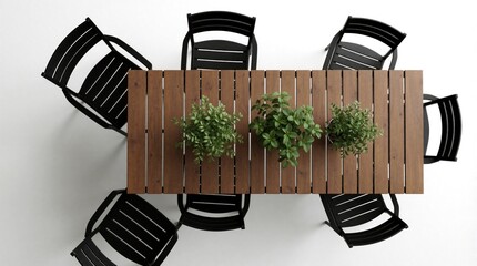 Obraz premium Top view of wooden outdoor dining table with black chairs and potted plants. Furniture set on white background, simple clean design for patio or garden.