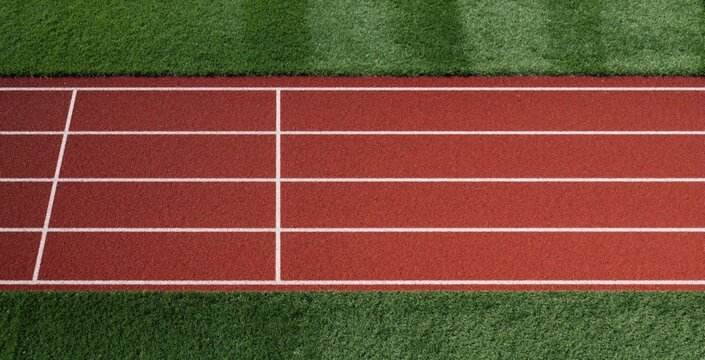 Overhead view of red running track with white lines on green artificial turf. Empty athletic lanes surface for sprint training marathon race. Synthetic rubber track texture provides background for