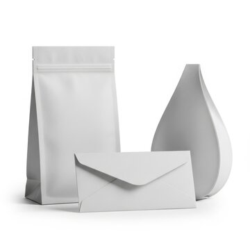 Assorted white packaging materials including a pouch, envelope, and teardrop container.