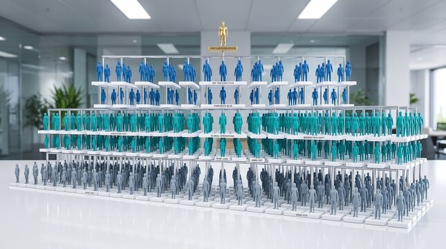 3D miniature organizational chart with blue and gray human figurines placed on tiered platforms representing corporate hierarchy structure and business management levels in office environment