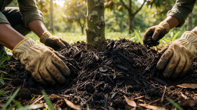 Farmer hands in work gloves spread organic mulch around durian tree trunk. Person performs sustainable composting in orchard to improve soil quality. Close up of natural agriculture lifestyle, eco