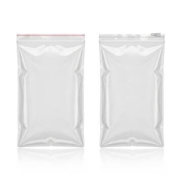Two empty resealable plastic bags displayed side by side on a white background